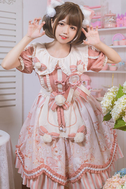 Light Pink Cat Print Square Collar Bowknot Ruffled Short Sleeves Sweet Lolita OP Dress - Product - 2