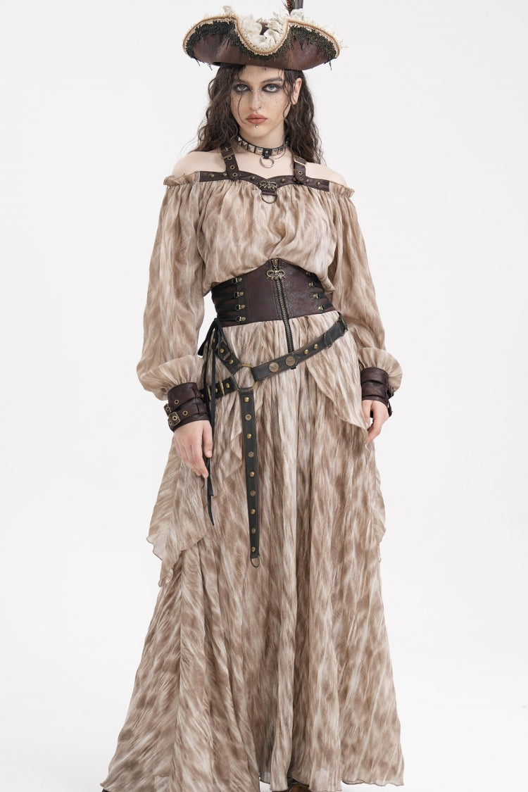 Apricot Ruffle Lace-Up Women's Gothic Eyelets Rivets Long Skirt - Product - 5