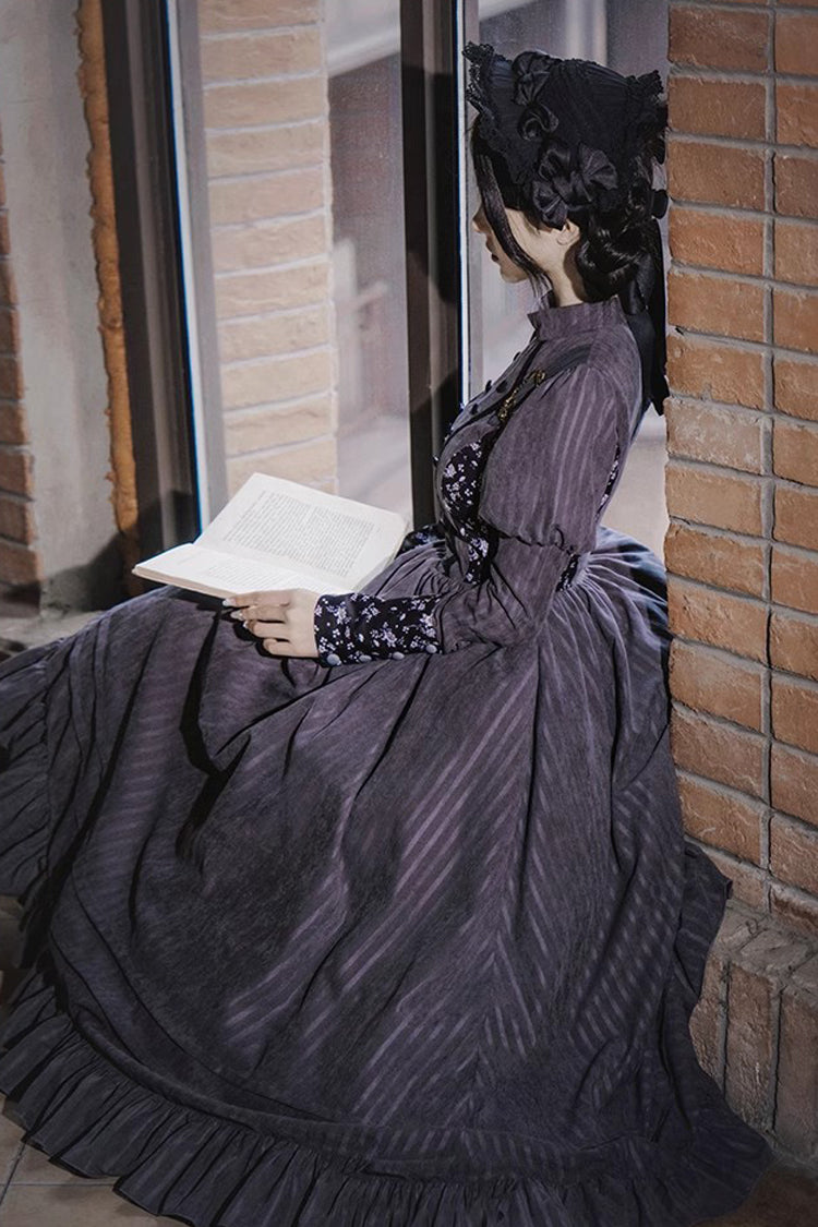 Gray Stripes Print Long Sleeves Classic Lolita Dress - Product - 4