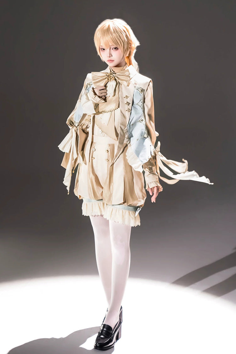Yellow [Fairytale Storybook] Stand Collar Long Sleeves Ruffled Embroidered Bow Classic Chinese Style Ouji Lolita Set - Product - 9