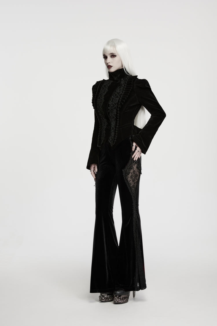 Black Patchwork Slim Fit Women's Gothic Floral Lace Spliced Beaded Tassel Flare Pants - Product - 5