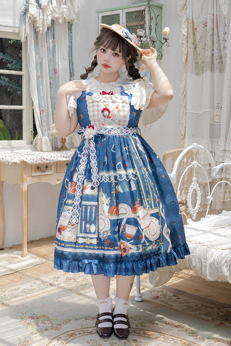 Dark Blue [Tea Party] Print Ruffle Bowknot Lace Sweet Elegant Lolita Jsk Dress - Product - 3