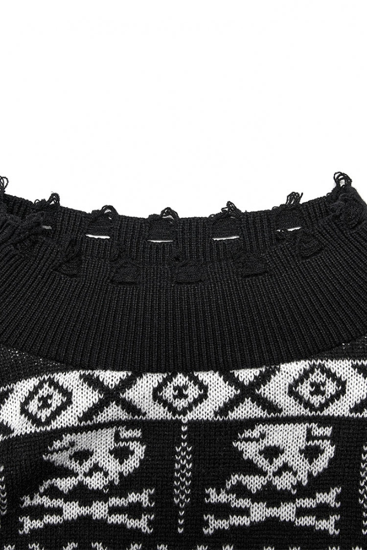 Black/White Stand Collar Long Sleeves Skull Deer Print Grunge Women's Gothic Loose Sweater - Product - 5