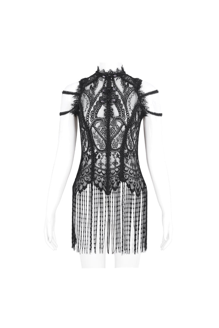 Black Round Collar Embroidery Lace Womens Gothic T-Shirt - Product - 7