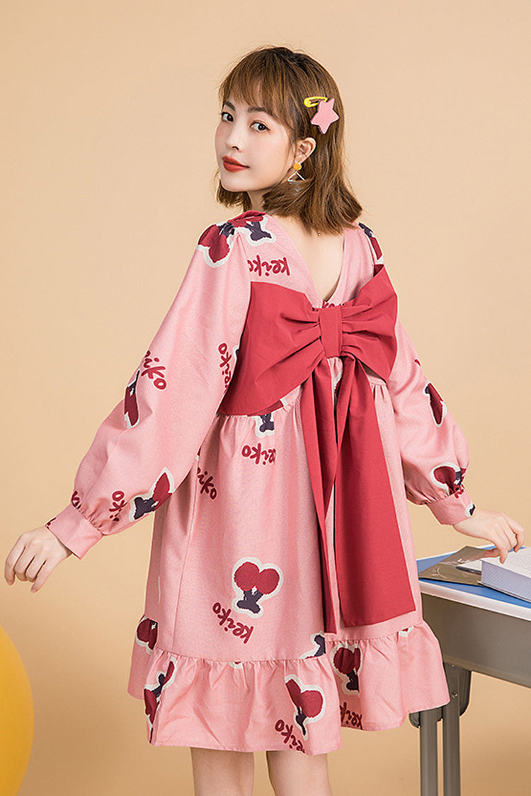Pink Lapel Collar Long Sleeved Cherry Print Stitching Bowknot Ruffled Slimming Sweet Lolita Dress - Product - 2