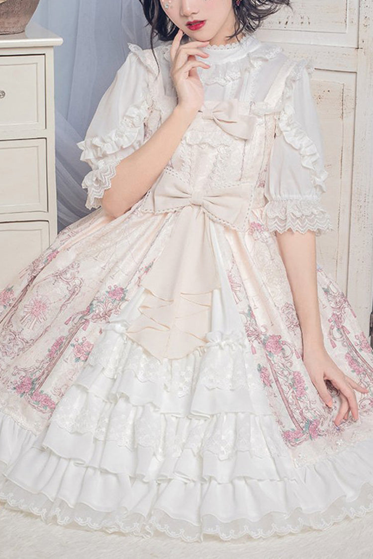 Headbow Ruffled Princess Crown Print Cardigan Sweet Lolita JSK Tiered Dress - beige - 3