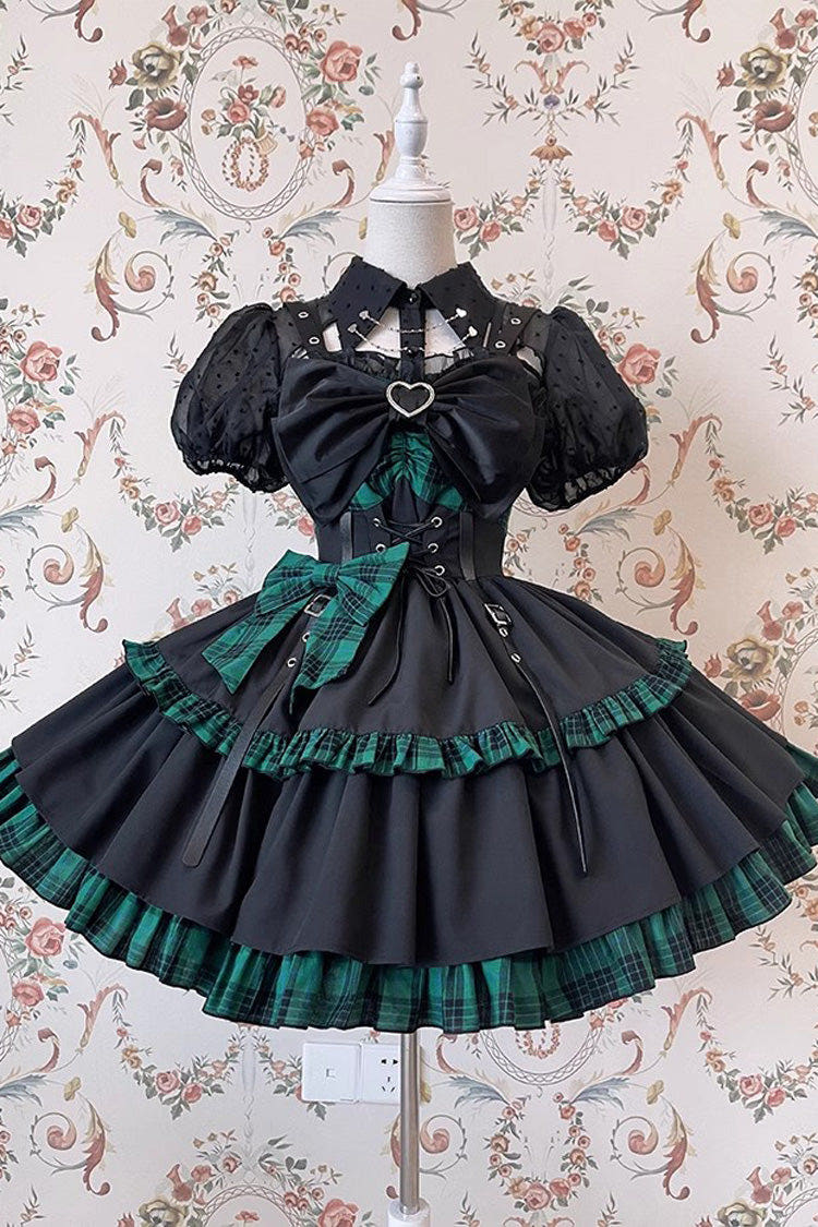 Black/Green Sleeveless Multi-layer Ruffle Bowknot Gothic Lolita Jsk Dress - Black/Green - 1