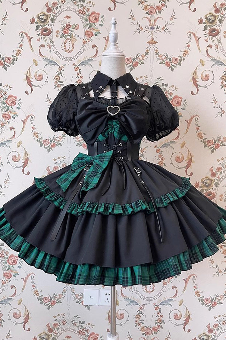 Black/Green Sleeveless Multi-layer Ruffle Bowknot Gothic Lolita Jsk Dress - Black/Green - 1
