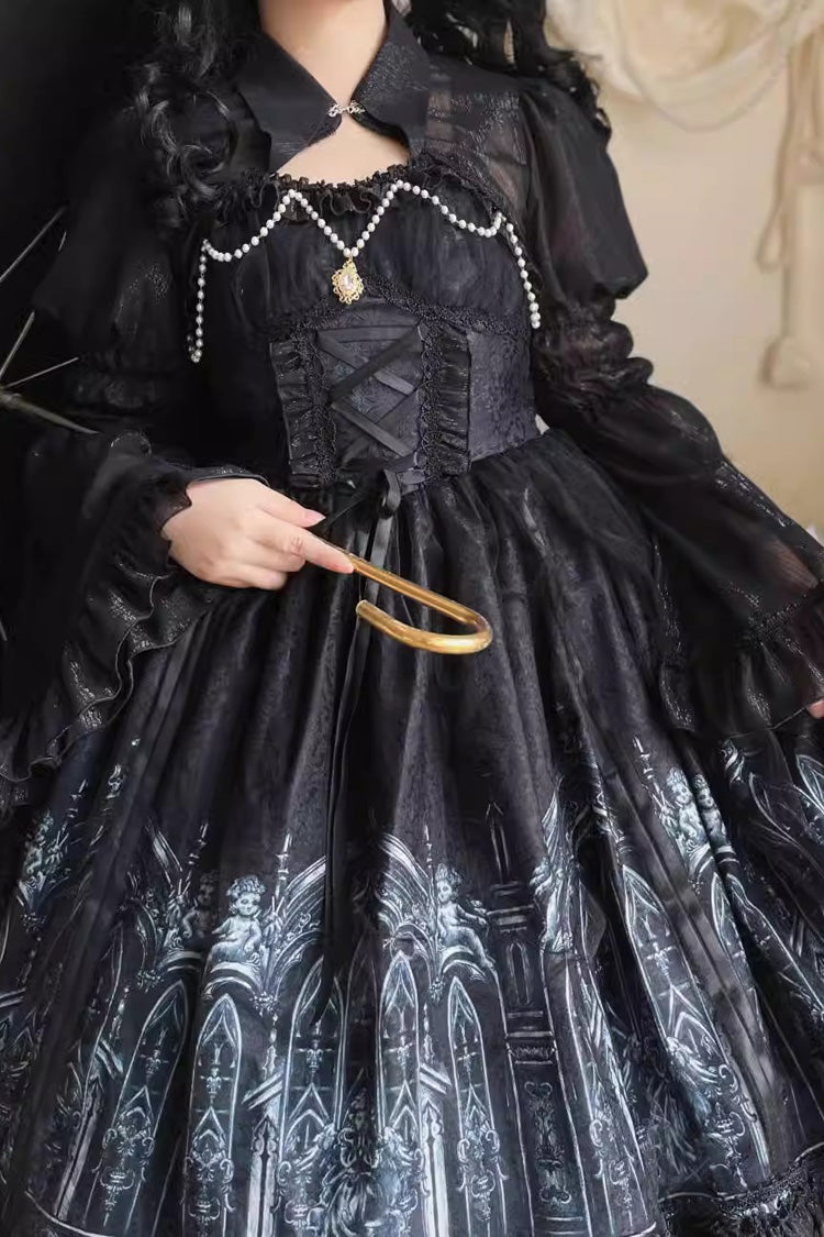 Black Sleeveless Church of Silent Night Print Ruffle Gothic Lolita Jsk Dress - Product - 8