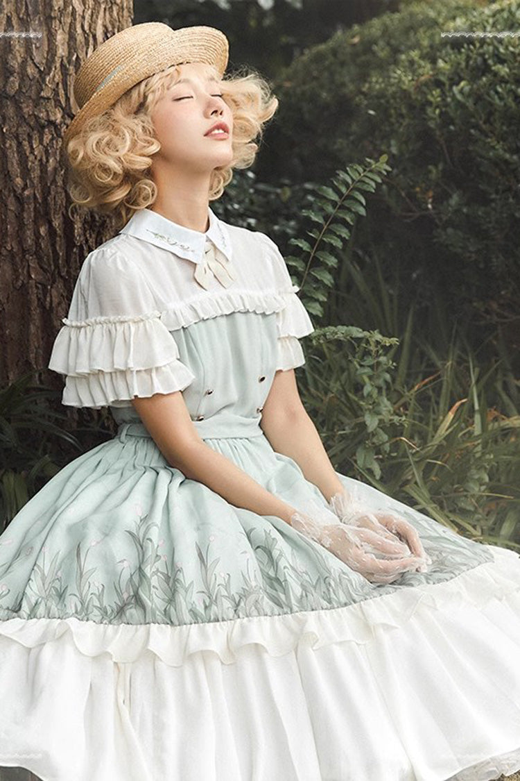 White/Green Lapel Collar Wizard Of Oz Short Sleeves Ruffle Bowknot Sweet Lolita Dress - Product - 3