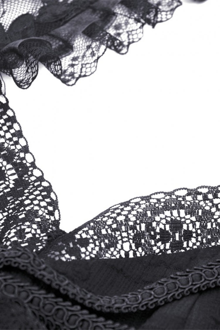 Black Off Shoulder Halterneck Sleeveless Irregular High Low Multi-Layered Lace Women's Gothic Dress - Product - 15