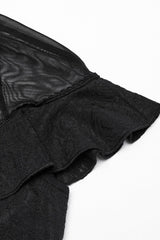Black Stand Collar Short Sleeves Ruffle Hollow Embroidery Lace Sheer Women's Gothic Blouse - Product - 6