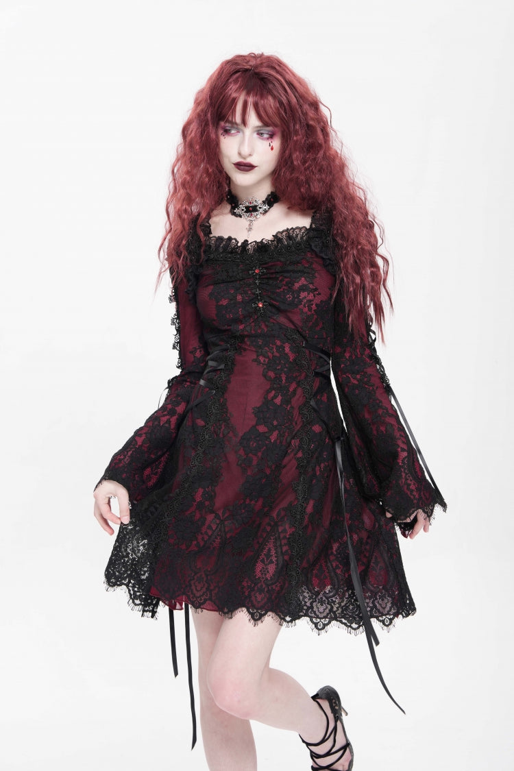 Red Square Collar Long Sleeves Floral Embroidery Lace Lace-Up Women's Gothic Dress - Product - 4