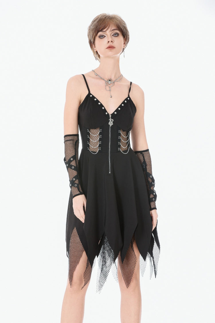 Black Sleeveless Mesh Spliced Studded Zipper Women's Punk Slip Dress - Black - 1