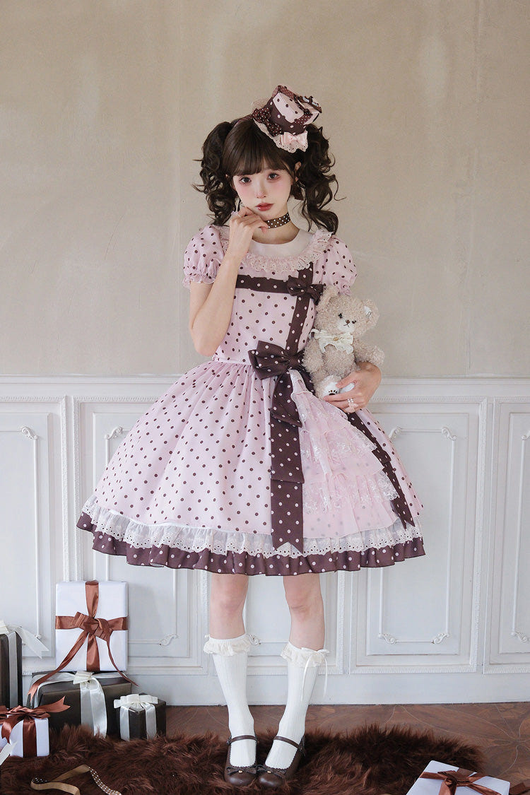 Pink [Canelé Gift Box] Round Collar Short Sleeves Double-Layered Printed Polka Dot Ruffled Open-Front Bow Asymmetric Sweet Lolita Dress - Product - 18