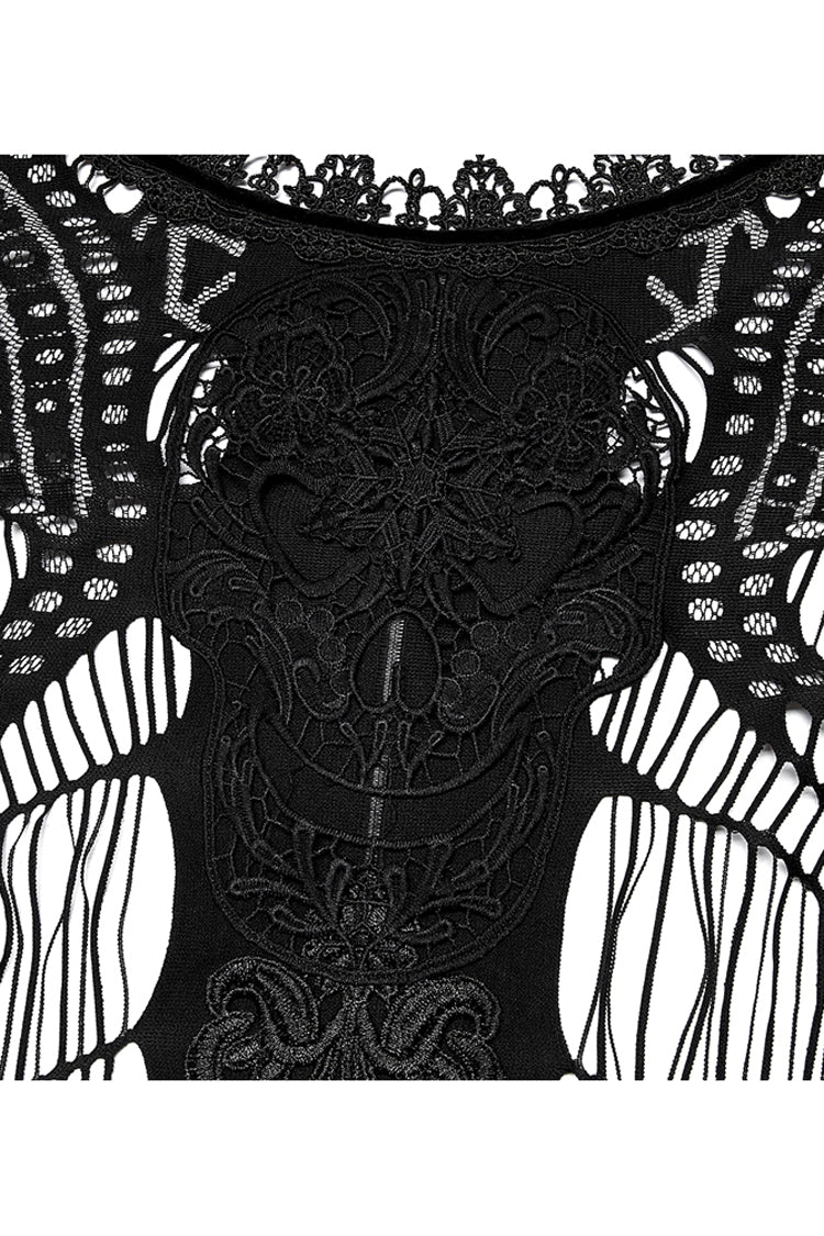 Black Openwork Lace Embroidery Pattern Decoration Hem Fringed Design Elasticated Neckline Women's Gothic Shawl - Product - 9