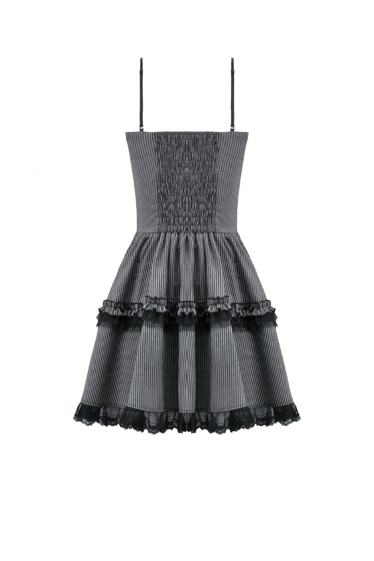 Black/Grey Pinstripe Sleeveless Multi-Layered Ruffled Women's Gothic Slip Mini Dress Graduation Dress - Product - 12
