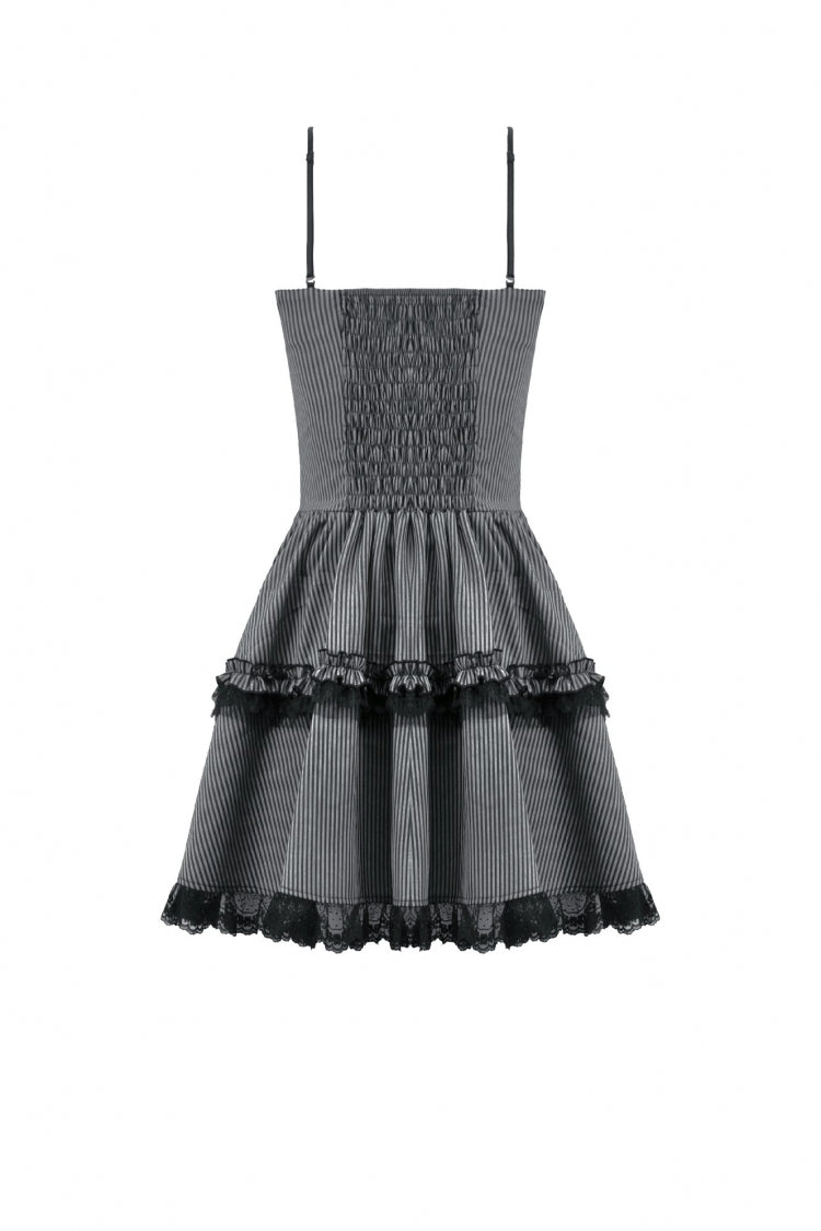 Black/Grey Pinstripe Sleeveless Multi-Layered Ruffled Women's Gothic Slip Mini Dress Graduation Dress - Product - 12
