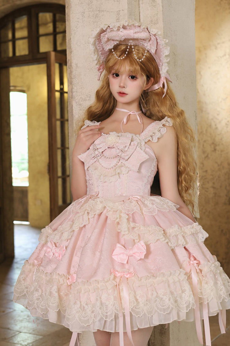 Pink [Blossoming Heart Love ] Sleeveless Dark Jacquard Print Bowknot Lace Sweet Lolita Jsk Dress - Pink - 1