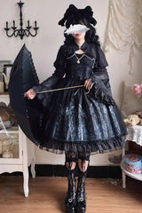 Black Sleeveless Church of Silent Night Print Ruffle Gothic Lolita Jsk Dress - Black - 1