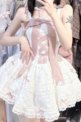 Pink/White Ribbon Embroidery Bowknot Lace-Up Sweet Elegant Princess Lolita Dress - Product - 11