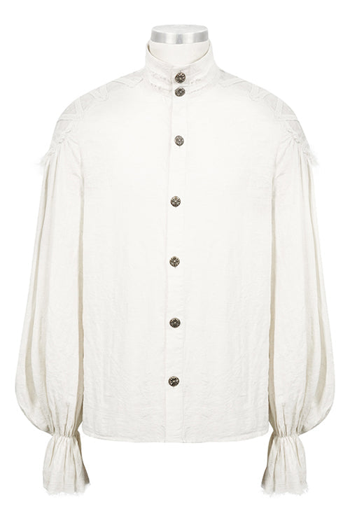 White Straight Collar Puff Sleeve Jacquard Mens Punk Blouse - Product - 4