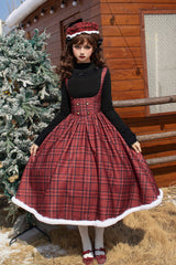 Red Striped Plaid Print Fall Winter Fishbone Sweet Corset Lolita Dress 2 Versions - Product - 11