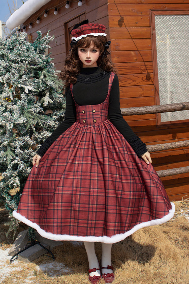 Red Striped Plaid Print Fall Winter Fishbone Sweet Corset Lolita Dress 2 Versions - Product - 11