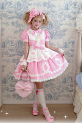 [A Day as a Candy Shop Owner] Peter Pan Collar Short Sleeves Printed Bow Sweet Lolita Dress 3 Colors (Red, Blue, Pink) - Product - 13
