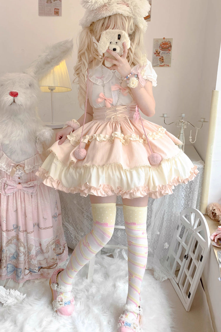 Strappy Doll Collar Ruffle Sweet Lolita Tiered Skirt 7 Colors - Pink/White - 3