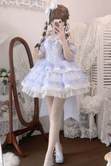 Blue Multi-layer Ruffle Hanayome Bowknot Lace Halter Neck Sweet Princess Lolita Dress - Product - 2