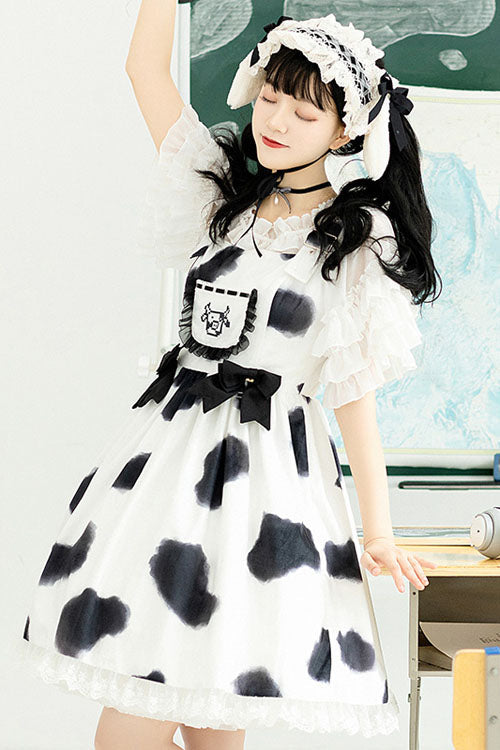 White Cow Pattern Print Bowknot Ruffled Sweet Lolita JSK Dress - Product - 3
