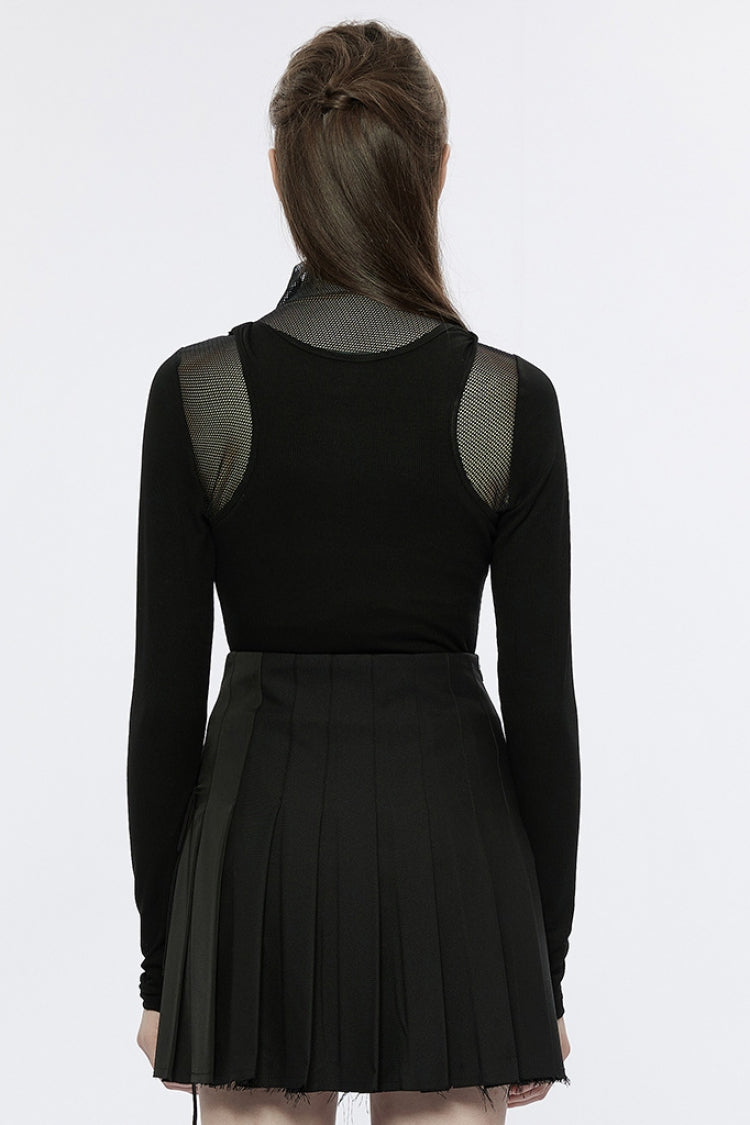Black Long Sleeves Hollow Mesh Color Matching Fake Two Pieces Women's Punk T-Shirt - Product - 3
