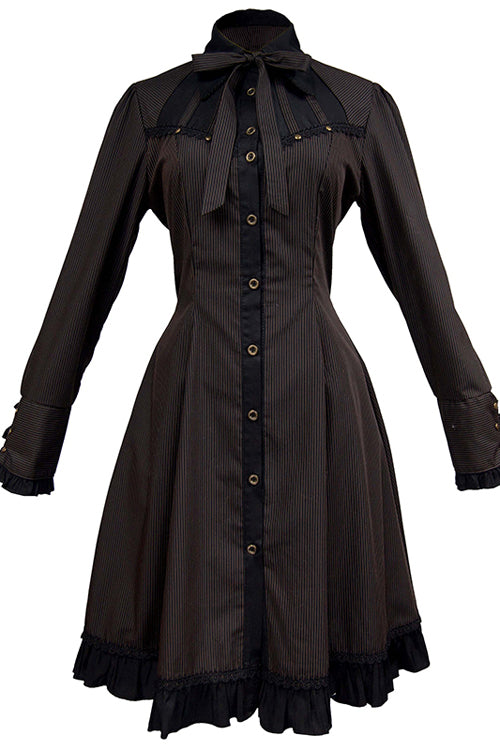 Black/Brown Single Breasted Long Sleeves Ruffled Striped Print Ouji Lolita Dress - Product - 9