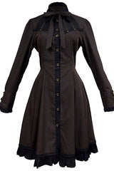 Black/Brown Single Breasted Long Sleeves Ruffled Striped Print Ouji Lolita Dress - Product - 9