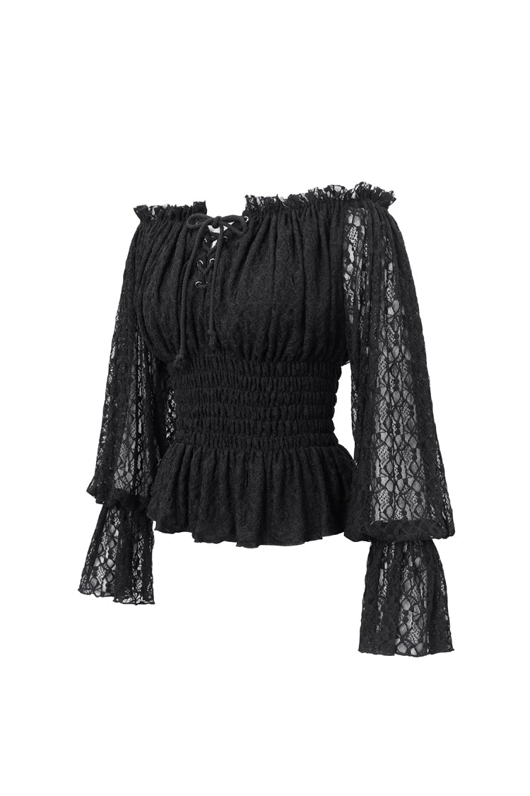 Black Off Shoulder Long Sleeves Ruffle Lace Women's Gothic Blouse - Product - 5