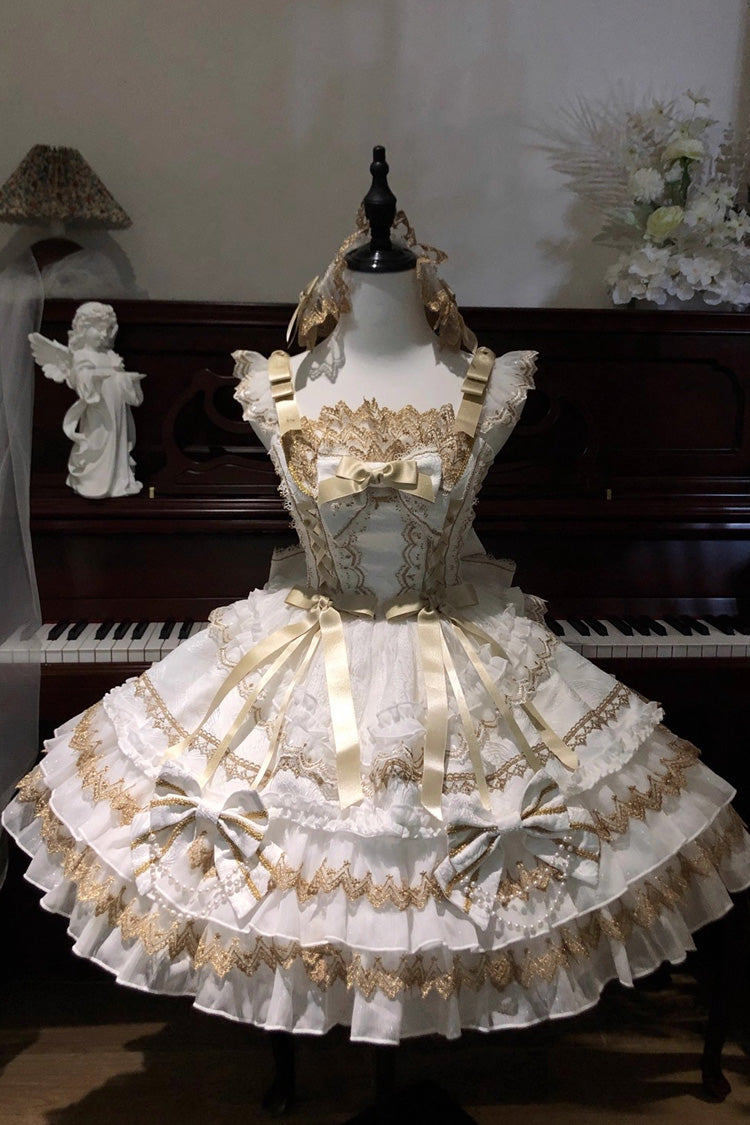 White [Gilded Memories] Sleeveless Double-Layered Ruffle Hot Stamping Bowknot Lace Sweet Lolita Jsk Dress - Product - 3