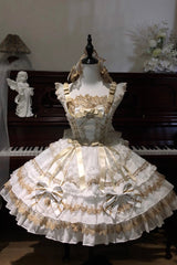 White [Gilded Memories] Sleeveless Double-Layered Ruffle Hot Stamping Bowknot Lace Sweet Lolita Jsk Dress - Product - 3