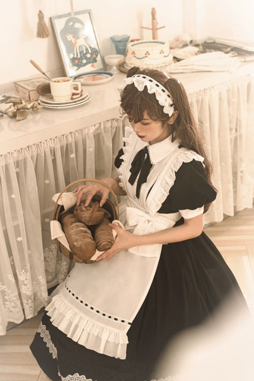Black Lapel Collar Bowknot Short Sleeves Ruffled Sweet Lolita Maid OP Dress (Apron is included) - Product - 4