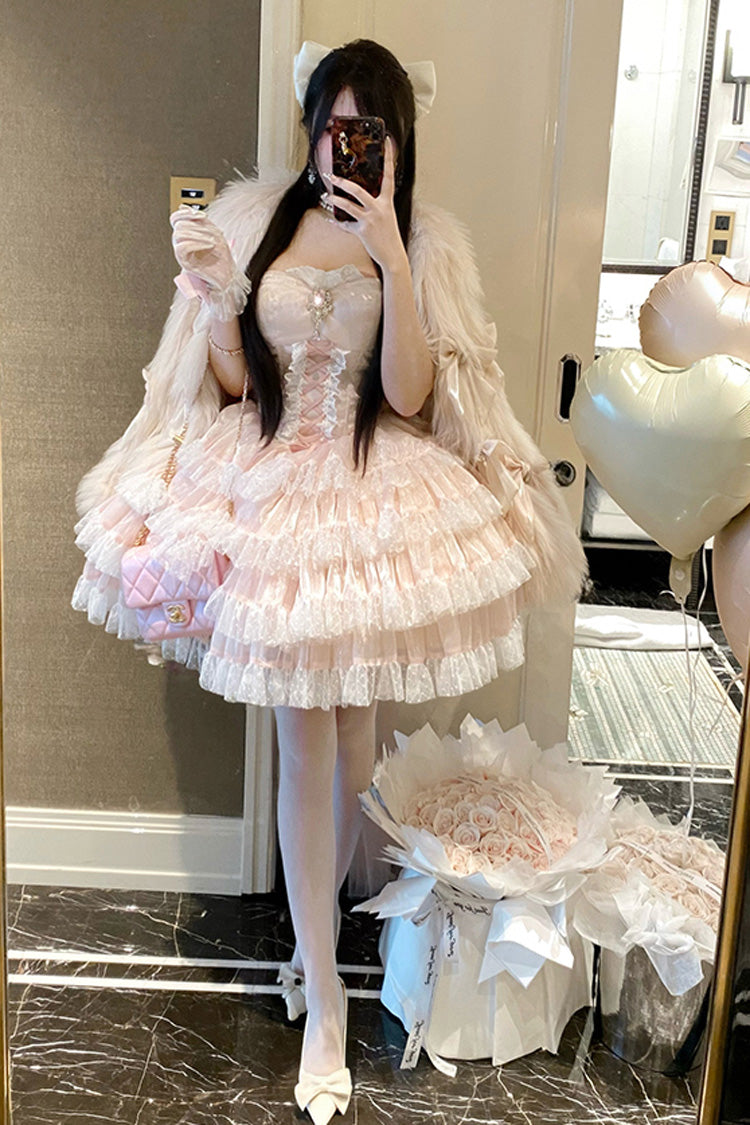 Pink [Heartbeat at First Sight] Off Shoulder Sleeveless Multi-Layered Ruffle Bowknot Lace Lace-Up Sweet Princess Gorgeous Lolita Dress - Product - 3