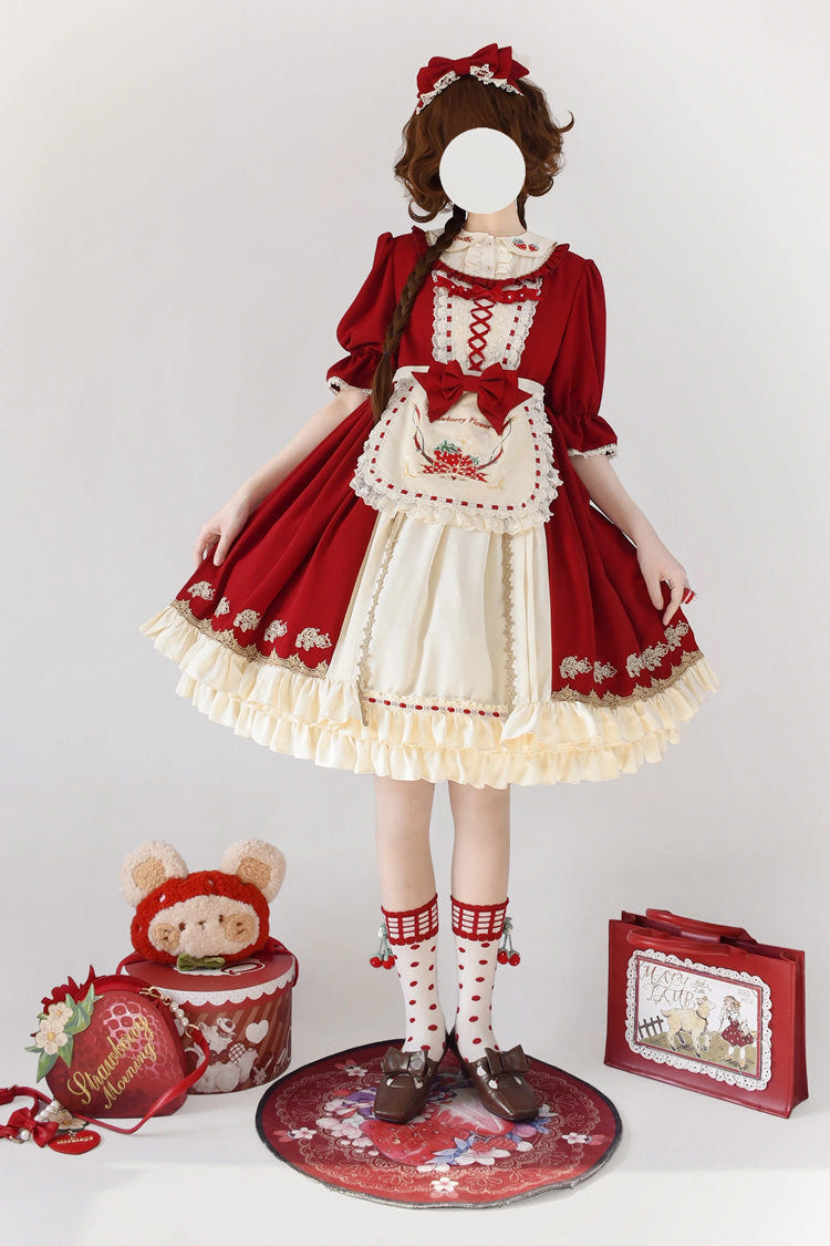 レッド栃木ガール二層フリル刺繍カーディガンスウィートロリータワンピースフルセット 商品画像