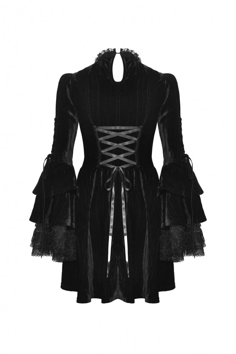 Black Women's Gothic Cross Lace Ruffled Stand Collar Long Flared Sleeves Lace-Up Velvet Dress - Product - 15