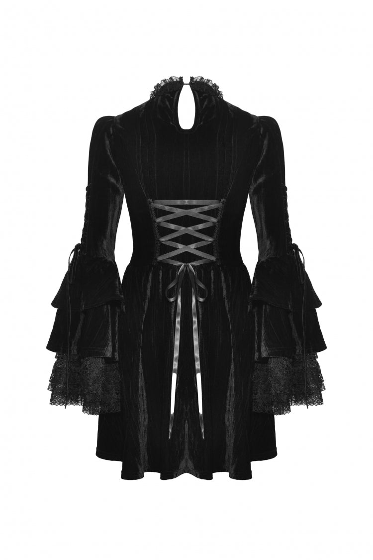 Black Women's Gothic Cross Lace Ruffled Stand Collar Long Flared Sleeves Lace-Up Velvet Dress - Product - 15
