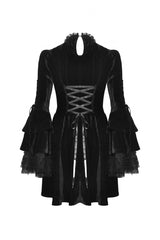 Black Women's Gothic Cross Lace Ruffled Stand Collar Long Flared Sleeves Lace-Up Velvet Dress - Product - 15