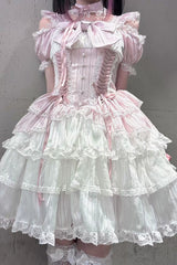 Pink/White [Pearl Nocturne] Square Collar Flutter Sleeves Multi-Layered Printed Ruffled Bow Lace Sweet Japanese Lolita Dress - Product - 4