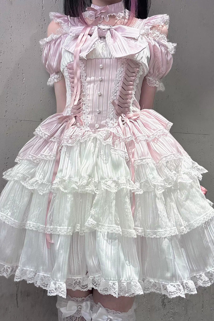 Pink/White [Pearl Nocturne] Square Collar Flutter Sleeves Multi-Layered Printed Ruffled Bow Lace Sweet Japanese Lolita Dress - Product - 4