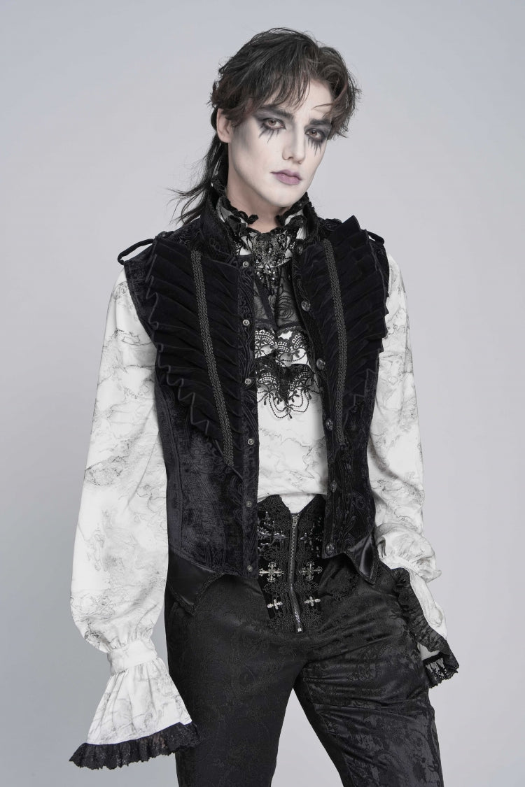 Black Stand Collar Sleeveless Jacquard Embroidered Buckled Pleated Men's Gothic Vest - Product - 13