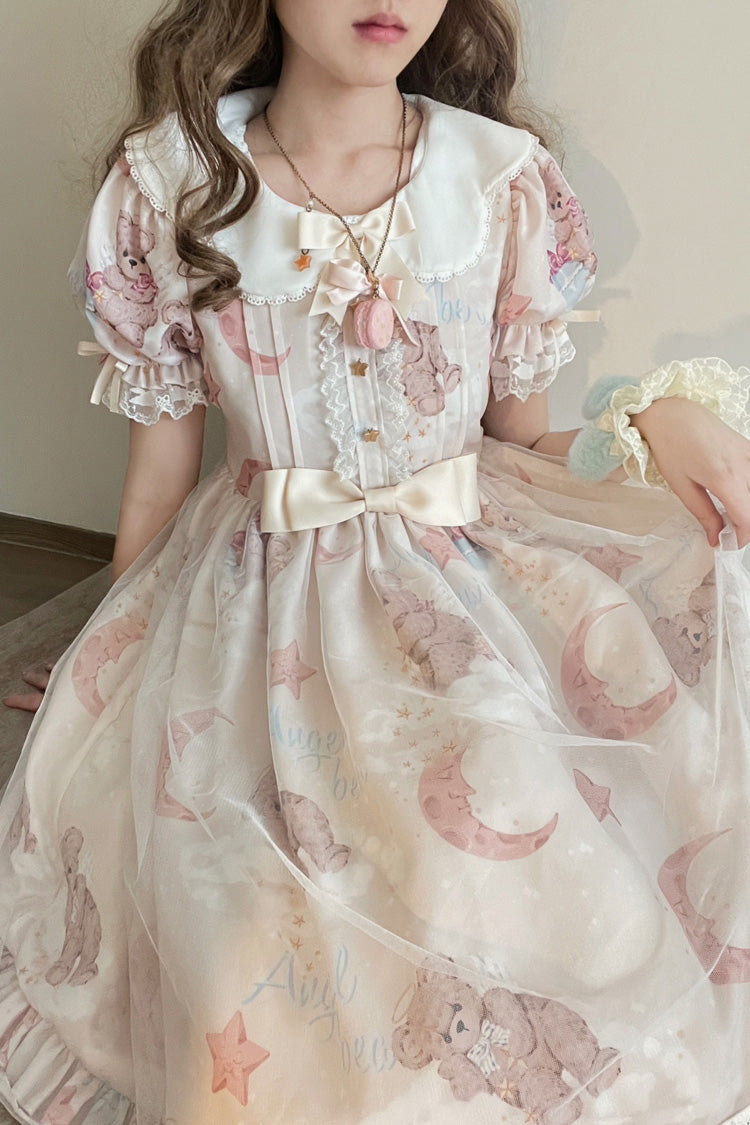 Star Wishing Bear Print Short Sleeves Bowknot Sweet (Dress Only) detail view 13