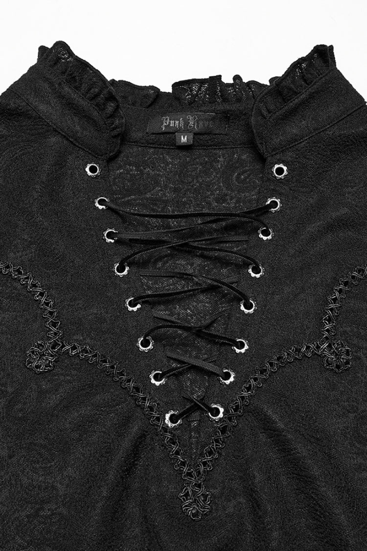 Black V Collar Long Sleeves Jacquard Embroidery Men's Gothic Blouse - Product - 5