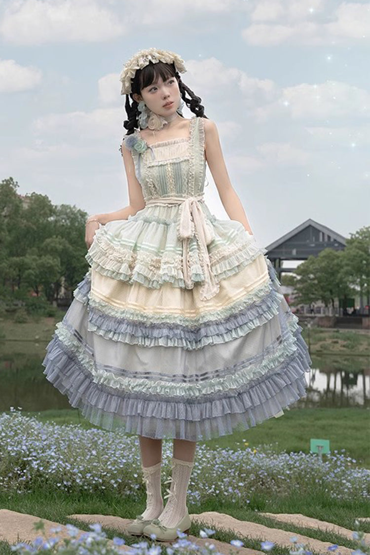 Rainbow Cloud Gradient Triple-Layered Ruffle Bowknot Sweet Lolita Jsk Dress 2 Colors - Product - 7